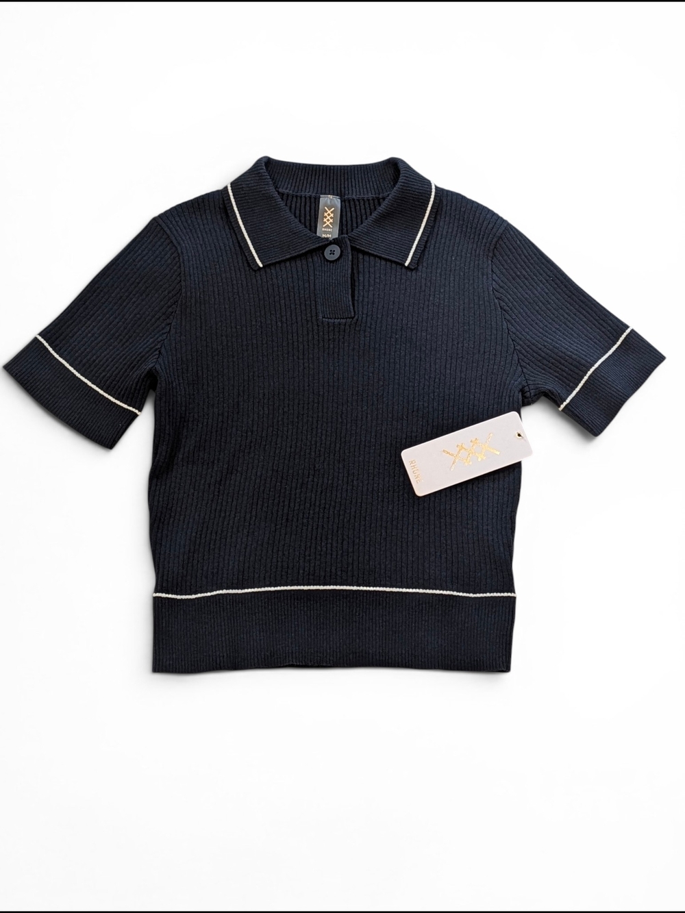 RHONE Birdie Navy Ribbed Short-Sleeve Polo Top Size S